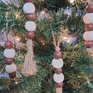 Handmade Boho Inspired, Natural, Painted, Wooden Bead & Tassel Ornament Set of 5